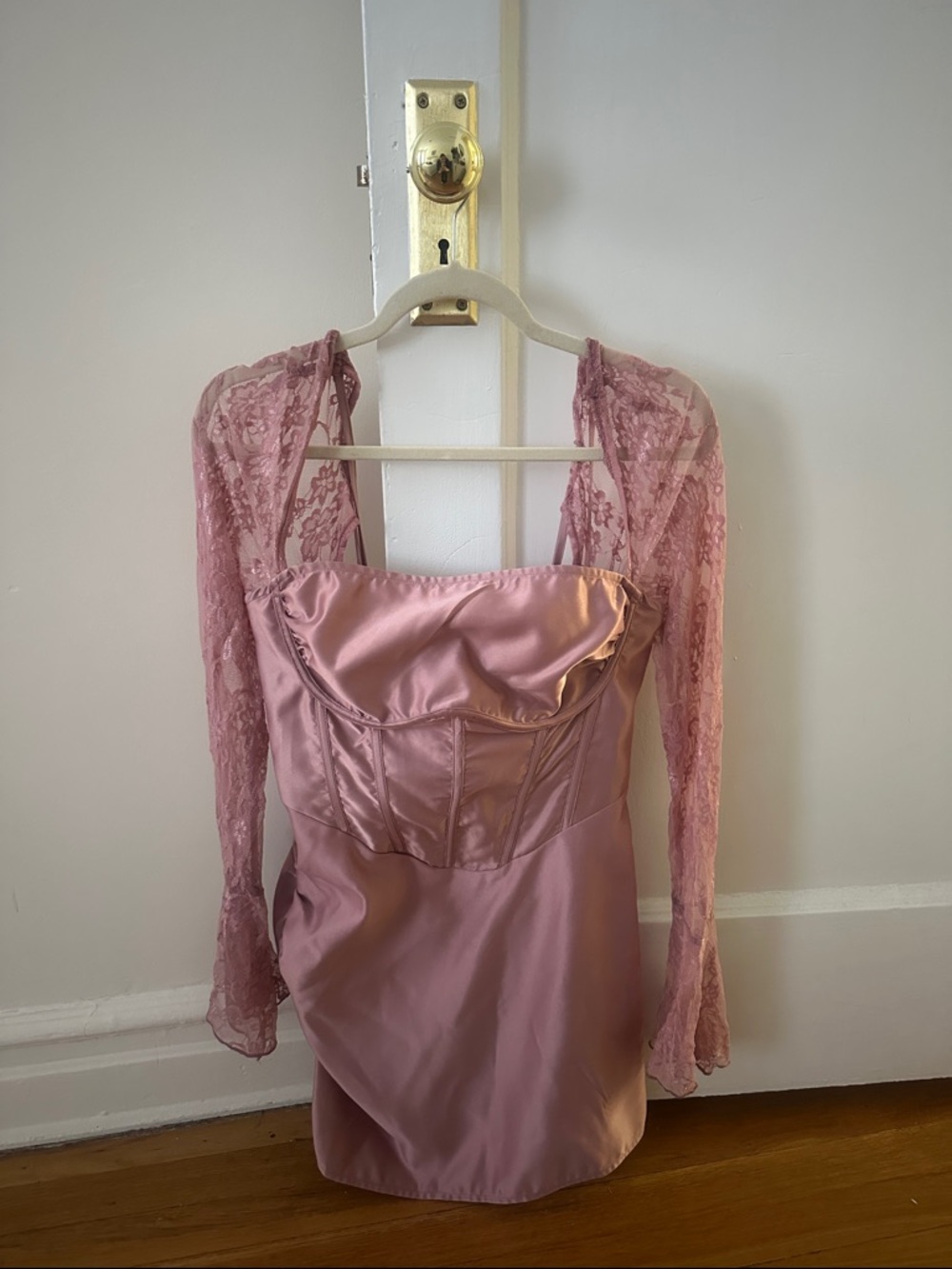 PrettyLittleThing Satin Lace Corset Chemise in Dusty Pink
